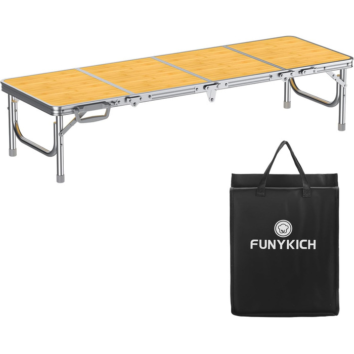 Складний кемпінговий стіл FUNYKICH 116x40x26 см, жовтий - алюмінієвий, MDF стільниця, з сумкою для перенесення