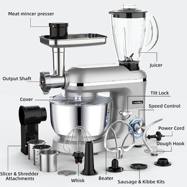 Homlee 3-in-1 Kitchen Machine - 1800W Food Processor with Meat Grinder, Juicer & 5.5L Stainless Steel Bowl - 6 Speed Mixer