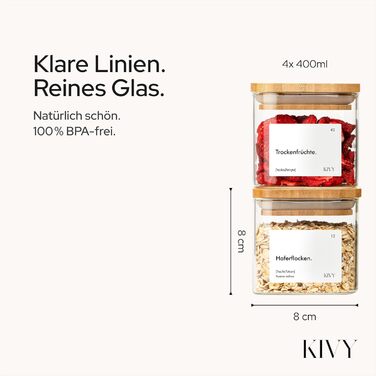Скляні банки для зберігання KIVY, набір 4 шт (400 мл) з бамбуковими кришками та етикетками