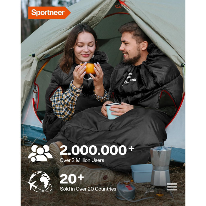 Спальний мішок Sportneer Outdoor для дорослих, всесезонний (3-4 сезони), теплий кемпінговий спальник-ковдра для подорожей та активного відпочинку, 220x85 см, чорний (температурний режим 10-26 °C)