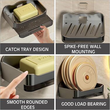 Набір з 2 тримачів для мила без свердління, мильниця з піддоном, настінна мильниця для душу, самоклеючі тримачі для мила, чорна/сіра мильниця для душу