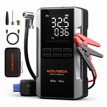WOLFBOX 4000A Пускозарядний пристрій з компресором 160PSI, 12V, 65W, 88.8Wh, для бензинових/дизельних двигунів 10L, LED-ліхтар, кабелі, 4000A