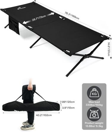 Розкладне ліжко Sportneer для кемпінгу та відпочинку на природі, 199x73 см, чорне
