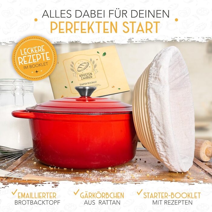KRUSTENZAUBER Cast Iron Pot [incl. Proofing Basket] - High-Quality Enamel Pot 26cm - Ideal Cast Iron Bread Pot for Baking, Cast Iron Pot for Baking Bread, Bread Baking Accessories Enamel Red
