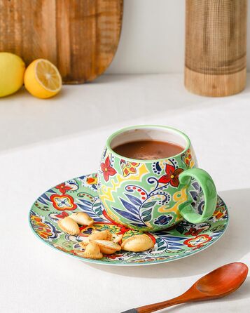 HENXFEN Cappuccino Cup Set, 600ml Porcelain Coffee Cups with Handle, Set of 6 Porcelain Cups for Tea, Coffee, Milk, Cappuccino with Pattern and Colorful - Bohemian Style