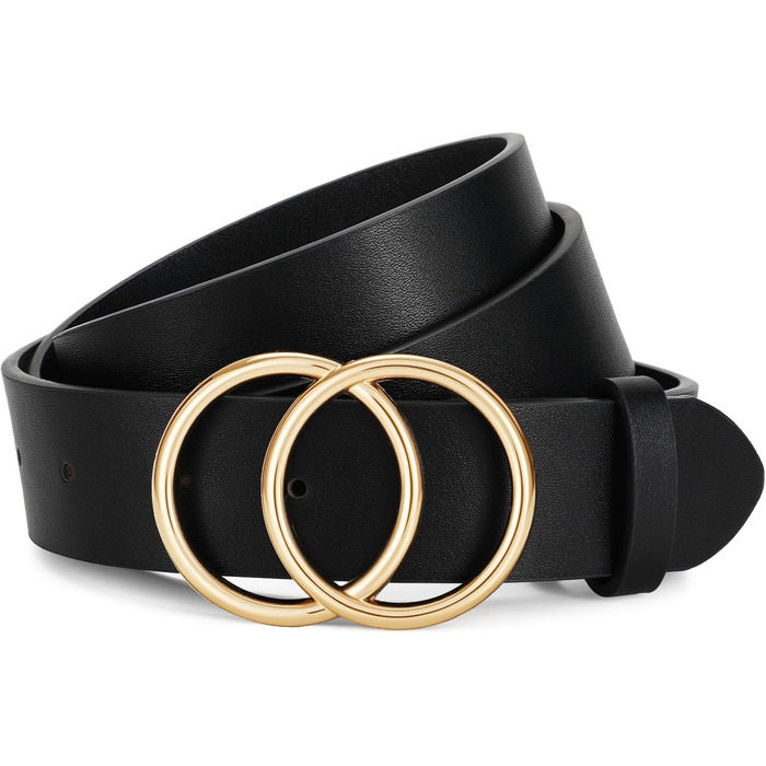 Жіночий шкіряний ремінь JasGood з подвійною кільцевою пряжкою для джинсів, штанів, суконь - чорний, XS (100 см, об'єм талії 65-75 см)