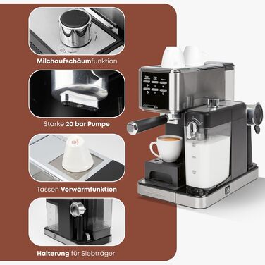 Кавоварка еспресо ProfiCook 2в1 для меленої кави і капсул Nespresso, 20 бар, з молочним резервуаром, еспресо-машина з нержавіючої сталі, PC-ES 1266, модель 2024