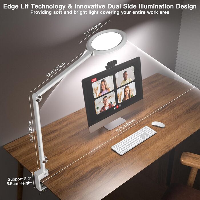 LED лампа настільна з регулюванням яскравості, 4 режими кольору, 18W для відеоконференцій, офісу та дому (матова біла)