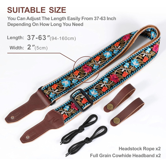 Гітарний ремінь Nefelibata Banjo-Gurt, 5,1 см, повна шкіра з телячої шкіри, вишивка квітів