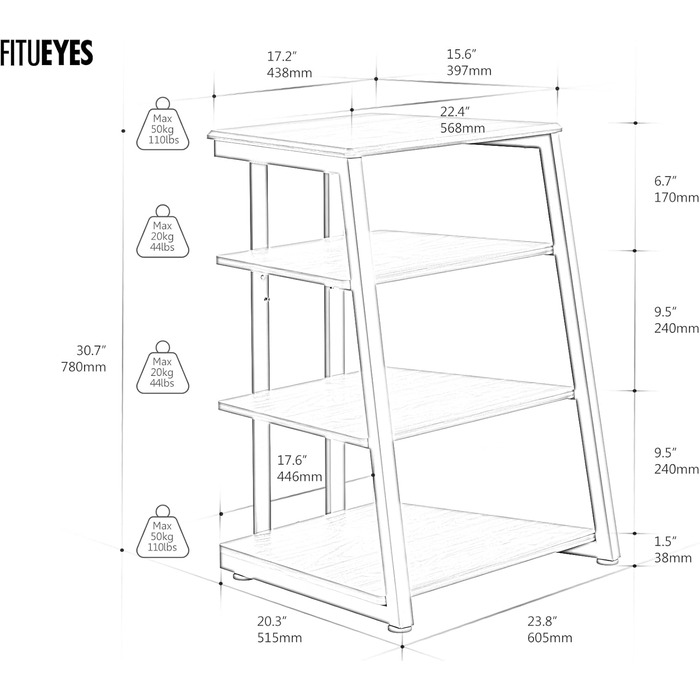 FITUEYES HiFi тумба для вінілу та аудіотехніки з полицями, чорна, 61x52x78 см