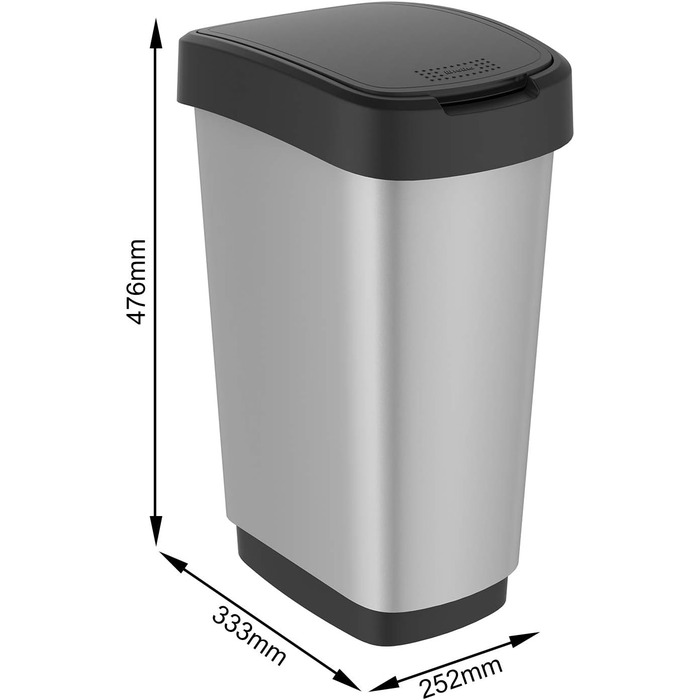 Відро для сміття Rotho Twist 25л з кришкою, пластик PP, BPA-free, чорний/сріблястий, 25л
