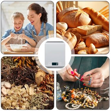 Цифрова кухонна вага, 10 кг/1 г, USB, перезарядна, з LCD дисплеєм та функцією тарування. Професійна кухонна вага, металевий білий колір.