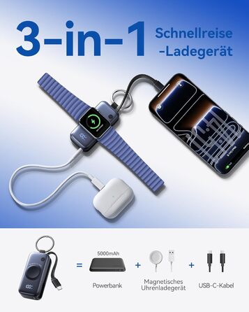 Power Bank INIU для Apple Watch, 5000mAh, вбудований кабель, LCD-дисплей, сумісний з iWatch 10/9/8/Ultra2/Ultra/SE, iPhone 16/15 (Чорний)