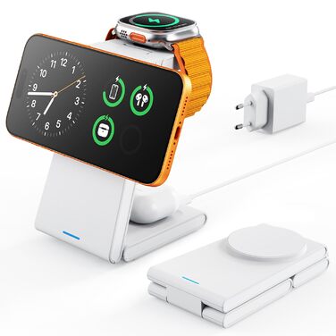 Зарядний пристрій 3-в-1 GEEKERA MagSafe для Apple Watch, iPhone (12-17) та AirPods, бездротова зарядка, матовий білий
