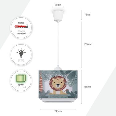 Paco Home Hanging Lamp Children's Room Ceiling Lamp Pendant Light Lampshade Fabric E27 Lion Jungle Glowing in the Dark