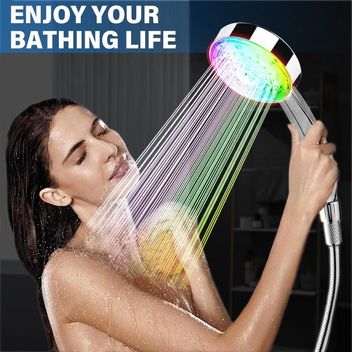JINYOMFLY LED Shower Head with Lights, Shower Head with LED Lighting, 15CM Shower Head Color Changing, 3 Shower Modes Shower Light, Shower Head Light with Liquid Silicone Nozzle (Round)