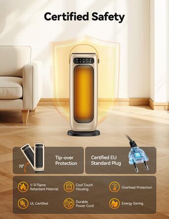 Електричний обігрівач PTC керамічний 1500W з пультом керування, 4 режими, осциляція 110°, таймер 1-10 год, захист від перегріву та перекидання. Компактний обігрівач для дому, золото.