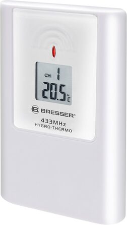 Bresser 7009995 Thermo/Hygro 3-Channel Outdoor Sensor for TemeoTrend models and MyTime Jumbo wall clocks with temperature and humidity display.