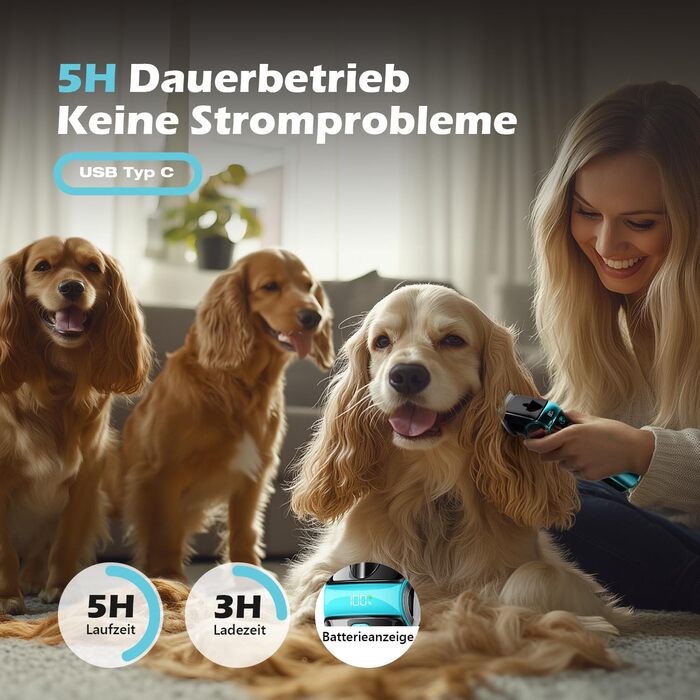 Машинка для стрижки собак Leise з LED-підсвіткою, 2 швидкості, для догляду за обличчям, вухами, лапами, блакитна