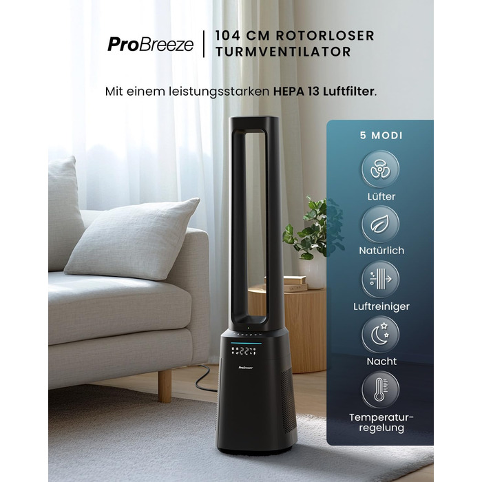 Вентилятор Pro Breeze OmniAir з очищувачем повітря, 105 см - безшумний, з HEPA 13 фільтром, LED дисплеєм, пультом керування, 10 швидкостей, 5 режимів, чорний