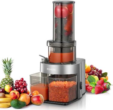 FOHERE Slow Juicer, Vegetable and Fruit Extractor, 119MM Opening, Electric Cold Press with Quiet 200 Watt Motor, Easy to Clean with Double-Layer Filter and Reverse Function