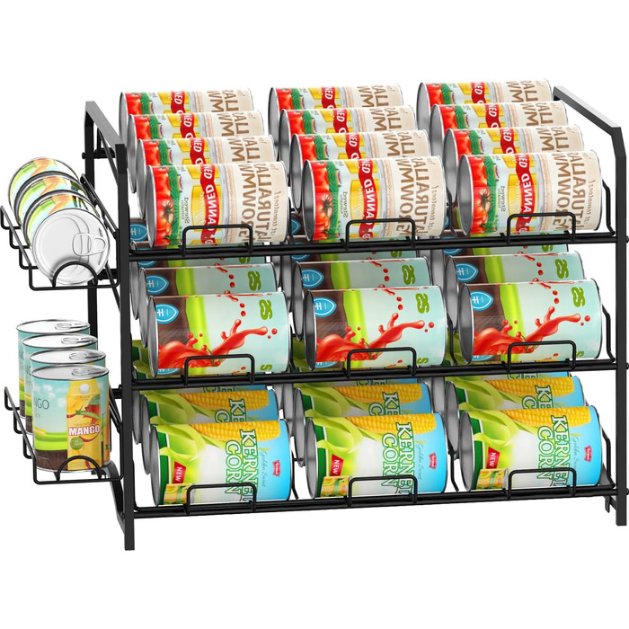 Bomclap Stackable Can Organizer, Can Rack Organizer for Kitchen Cabinets Storage or Countertops, 3-Tier Can Dispenser with Side Shelves, Storage for 42 Cans, Black