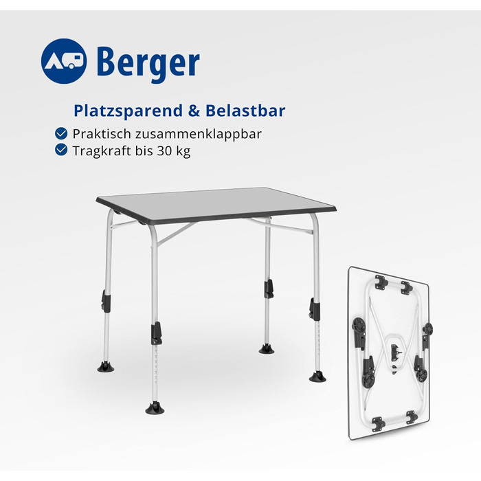 Стіл кемпінговий розкладний BERGER Ivalo 2, 80x60 см, алюмінієвий, регульована висота, для саду, балкону, тераси