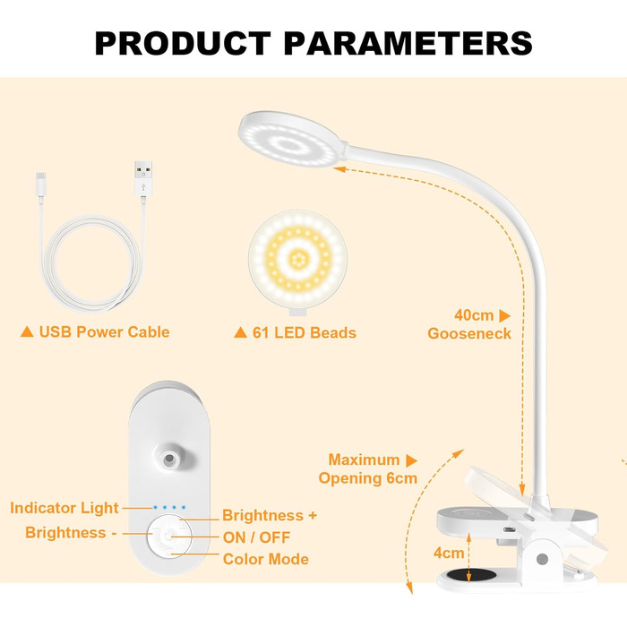 LED лампа для читання ZAPLIT з кріпленням на ліжко – 3 режими, 10 яскравостей, USB-C, гнучкий шийка 40 см, для спальні, робочого столу та кемпінгу, білий, діаметр 3,5 дюйма