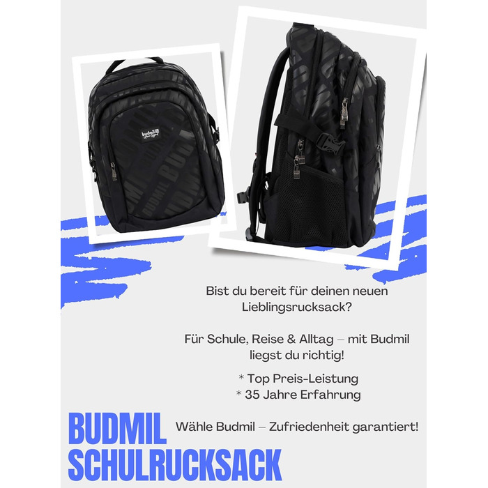 Ергономний шкільний рюкзак Budmil для хлопчиків та дівчаток, 32L, для підлітків та дітей від 5 класу, водонепроникний, з 3 відділеннями та вентильованою спинкою (Edwin Black)