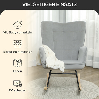 HOMCOM Rocking Chair, Rocking Armchair with Velvet Look, Armrests, Chair with Wooden Skids, Reclining Chair for Living Room, Bedroom, Light Grey | Aosom