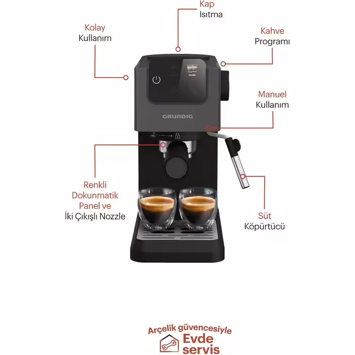 GRUNDIG KSM 4330 Espresso Machine with Milk Frother, for Ground Coffee, Removable Water Tank, Touch Display, 1626 W Power, Memory Function, Black