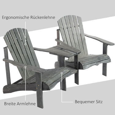 Крісло Adirondack Outsunny на 2 місця з журнальним столиком та отвором для парасольки, садовий комплект крісел, садові меблі для балкону з масивного дерева сірого кольору, розмір 178 x 87 x 92 см