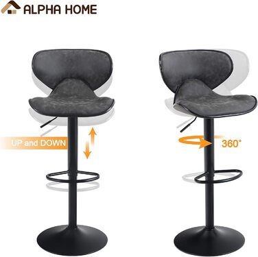 Alpha Adjustable Height Swivel Bar Stools 2-Pack with Backrest & Footrest - PU Leather Kitchen Bar Counter Stools (Grey)