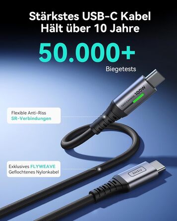 Кабель USB-C 100W, 2м, чорний: для iPhone, Samsung, Pixel, iPad, MacBook