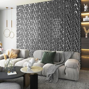 3D Панелі для стін Art3d (33 шт.) - діамантова фактура, сріблясті, 30x30 см. Високоміцний PVC, водостійкий, термостійкий
