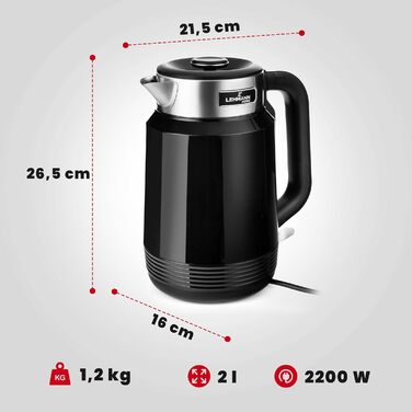 Електричний чайник LEHMANN з нержавіючої сталі 2L, 2200W, швидке нагрівання, подвійні стінки, автовимкнення та захист від перегріву, BPA-free, для великих сімей та офісів, чорний