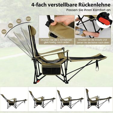 Крісло для кемпінгу та риболовлі Costway з підставкою для ніг, регульованою спинкою, підголівником, тримачем для напоїв та бічною кишенею, складане, хакі