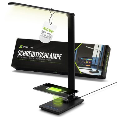 Дизайнерська настільна LED-лампа SMARTIVE з бездротовою зарядкою 10W, регулюванням яскравості та USB-портом, чорна