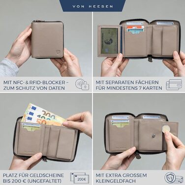 Гаманець VON HEESEN з натуральної шкіри з RFID-захистом, з монетницею, для чоловіків і жінок, колір таупе