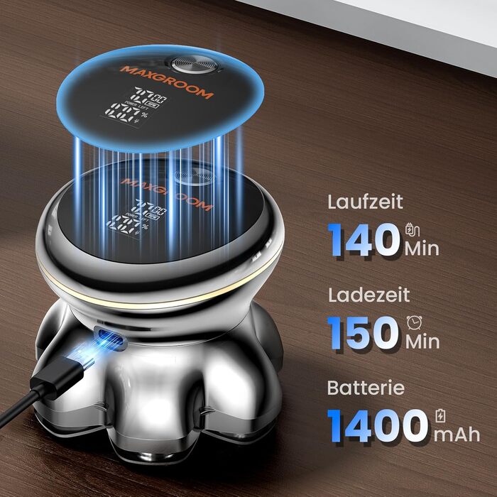 MAXGROOM 7D Glatzen Rasierer Herren - Електрична бритва для гоління голови, срібляста, акумуляторна (1400mAh), водонепроникна IPX6, Type-C