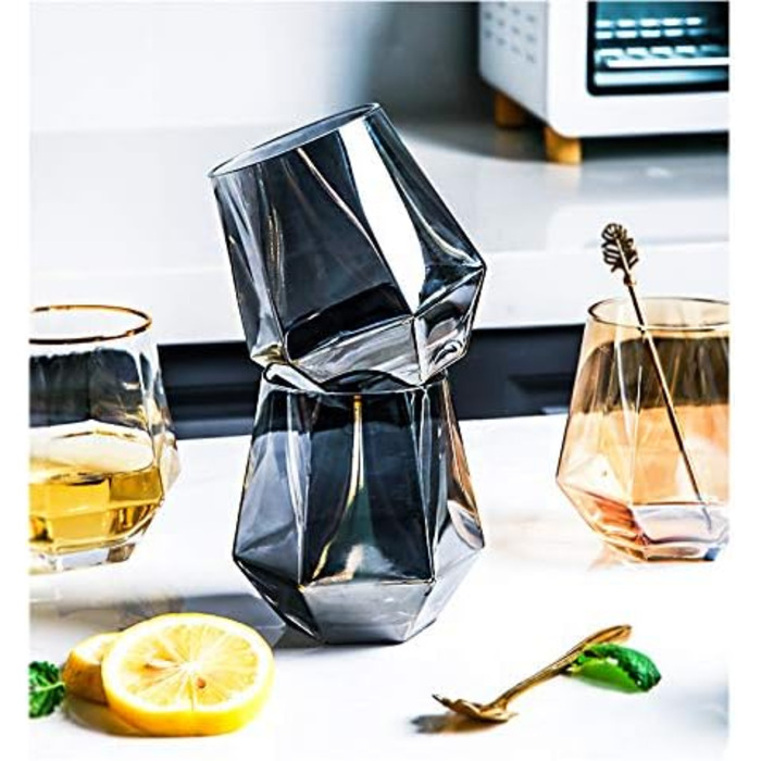 Diamond Whisky Glasses 4-Piece Set, Tilted Scotch Glasses, 300 Ml, Modern Look for Men, Women, Dad, Husband, Friends, Glassware for Bourbon/Rum/Bar Tumbler, Smoke Grey 4