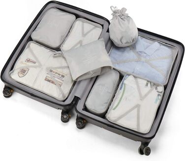 Органайзери для валіз: 8 комплектів, 7 кольорів. Організатори для подорожей, мішки для взуття, компресійні мішки. Сірий колір.