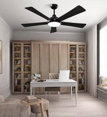 Дерев'яний стельовий вентилятор з підсвічуванням, LED 24W, тихий DC-двигун 38W, 132 см, з пультом дистанційного керування, 6 швидкостей, таймер, (Чорний)