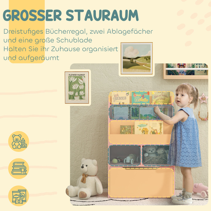 HOMCOM Kids Bookshelf, Children's Shelf with Drawer, 3 Storage Compartments and 2 Open Compartments, Storage Shelf for Kids' Room, Playroom, Pink, 60 x 29.9 x 90 cm | Aosom