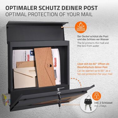 Поштовий ящик ML-Design 37x36,5x11 см антрацит/під дерево, сталевий, з газетницею, замок на 2 ключі, сучасний настінний дизайн