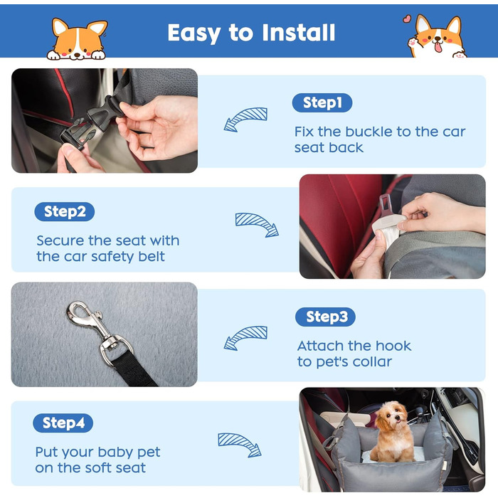 Автокрісло для собак 2-в-1 з ременем безпеки: автокрісло та ліжко для собак, знімний килимок та чохол, миється, для собак маленьких та середніх порід, сірий & блакитний