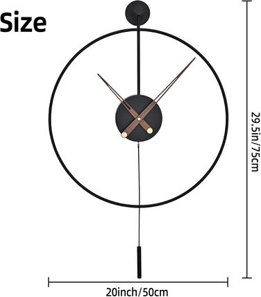 HAITANG Large Modern Living Room Clock, XXL Round Metal Wall Clock for Kitchen Office Bedroom, Vintage Wall Clocks, Battery Operated, Non-Ticking, Silent Movement, Home Decoration, 60 cm (50cm, Black with Pendulum)