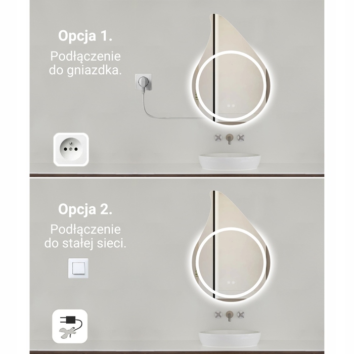 LED-дзеркало у ванну 60x85 см у формі краплі з підсвіткою та функцією ANTI-FOG (запобігання запотіванню)