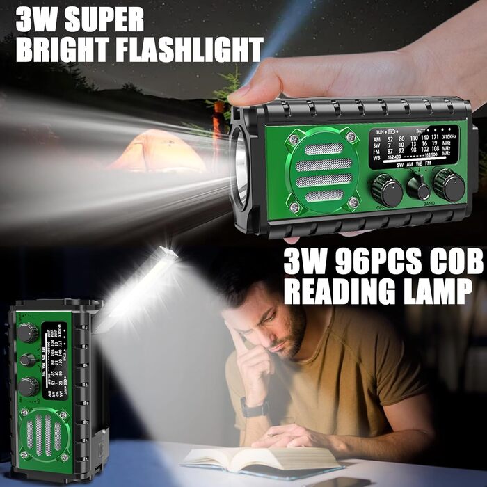 Сонячне радіо з ручним генератором 20000mAh, аварійне радіо SW/AM/FM з Powerbank, LED-ліхтарик, лампа для читання, SOS-сигнал, USB-порт для активного відпочинку