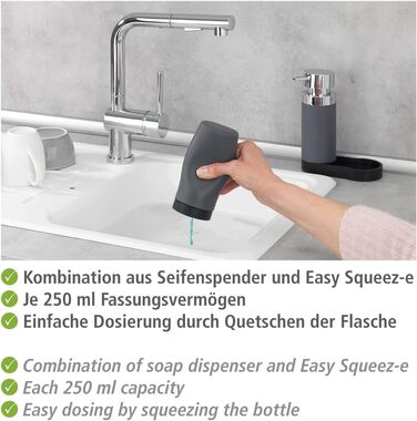 WENKO Easy Squeez-e Dish Station Grey, Soap Dispenser and Dish Soap Dispenser, 0.25 l